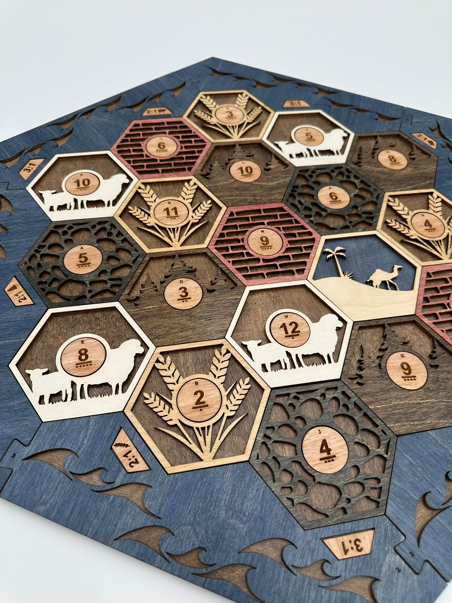 Wooden Game Board for Settlers Strategy Game, Brown and Blue, 3-4 or 5-6 Players