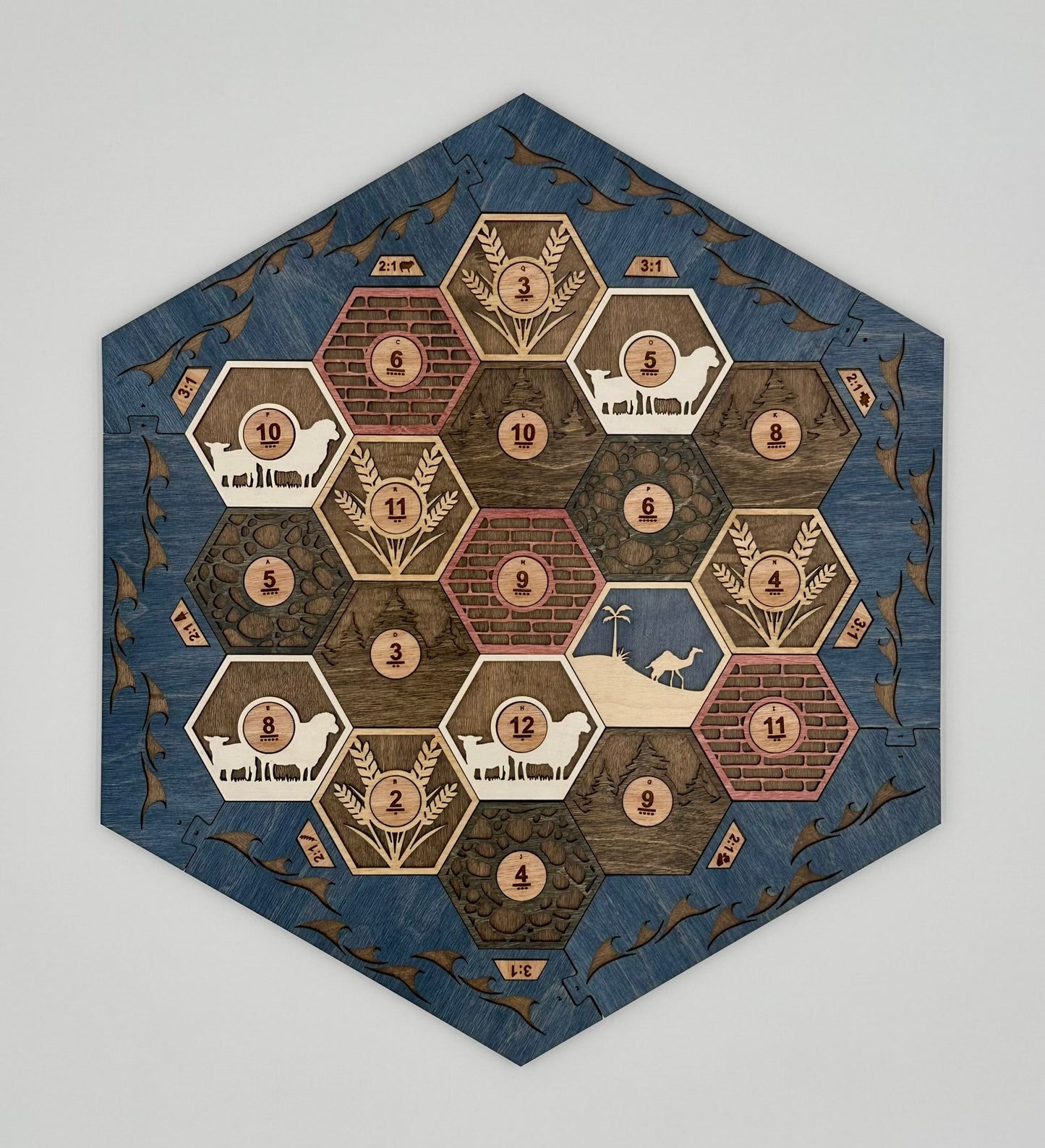 Wooden Game Board for Settlers Strategy Game, Brown and Blue, 3-4 or 5-6 Players
