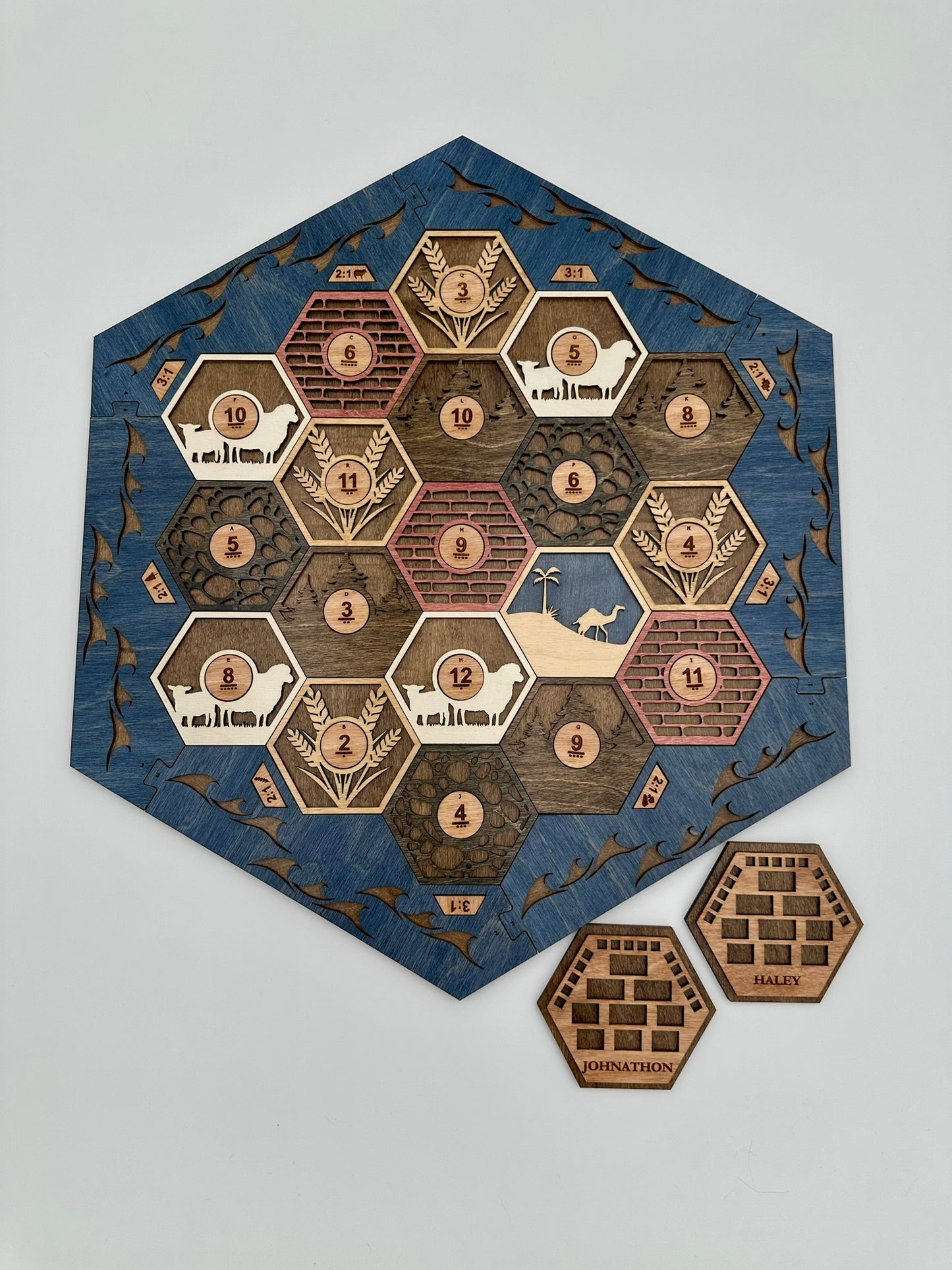 Wooden Game Board for Settlers Strategy Game, Brown and Blue, 3-4 or 5-6 Players