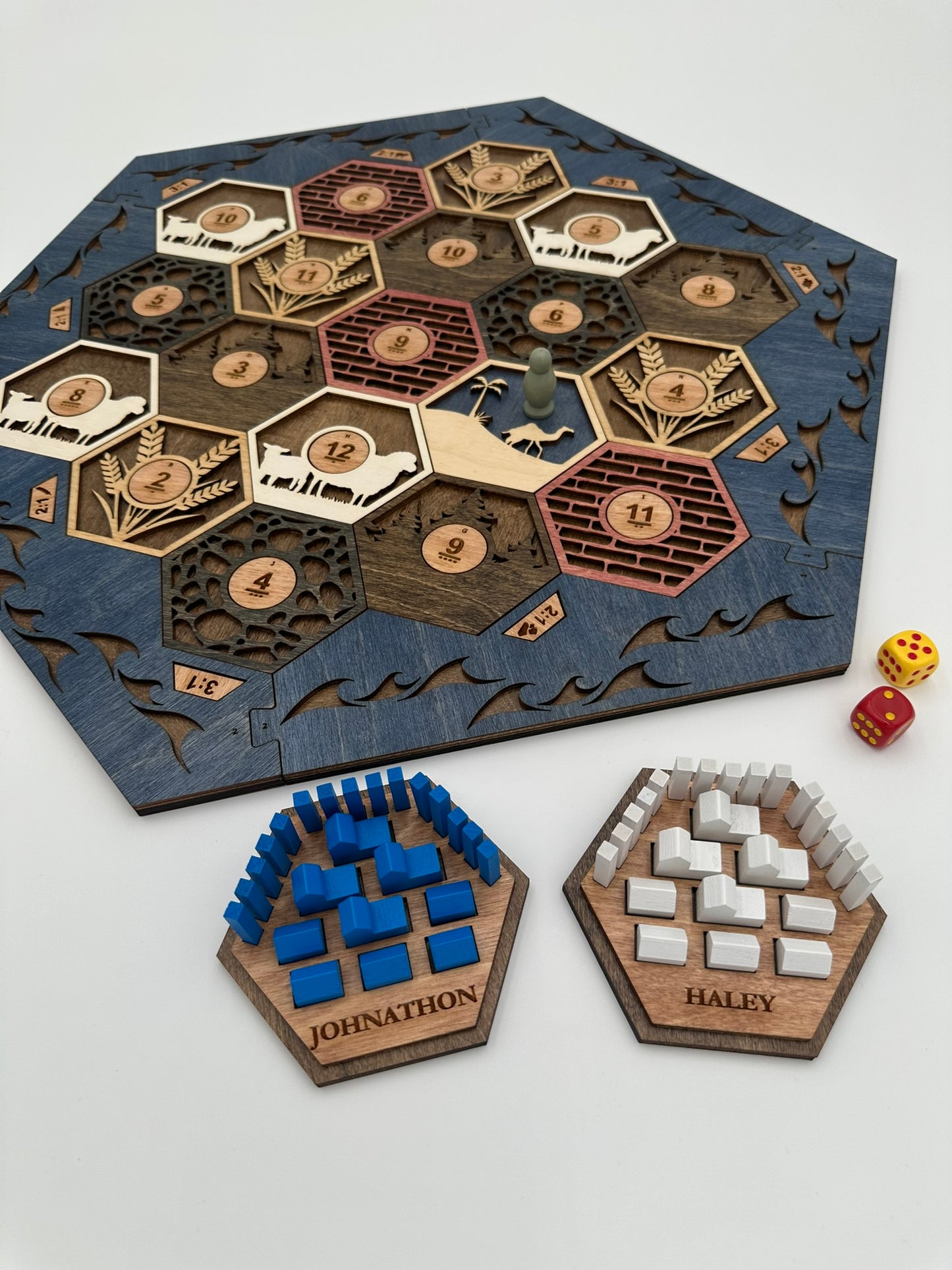 Wooden Game Board for Settlers Strategy Game, Brown and Blue, 3-4 or 5-6 Players