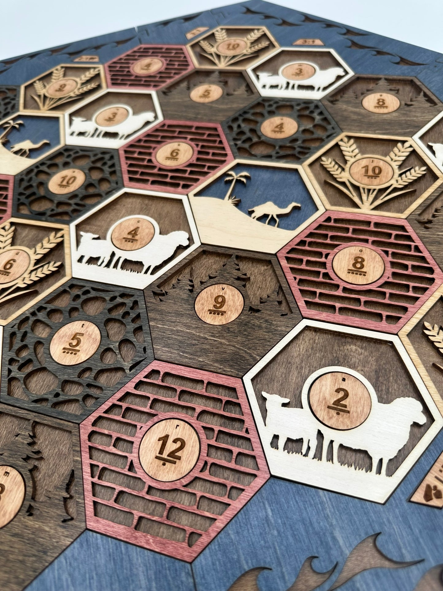 Wooden Game Board for Settlers Strategy Game, Brown and Blue, 3-4 or 5-6 Players