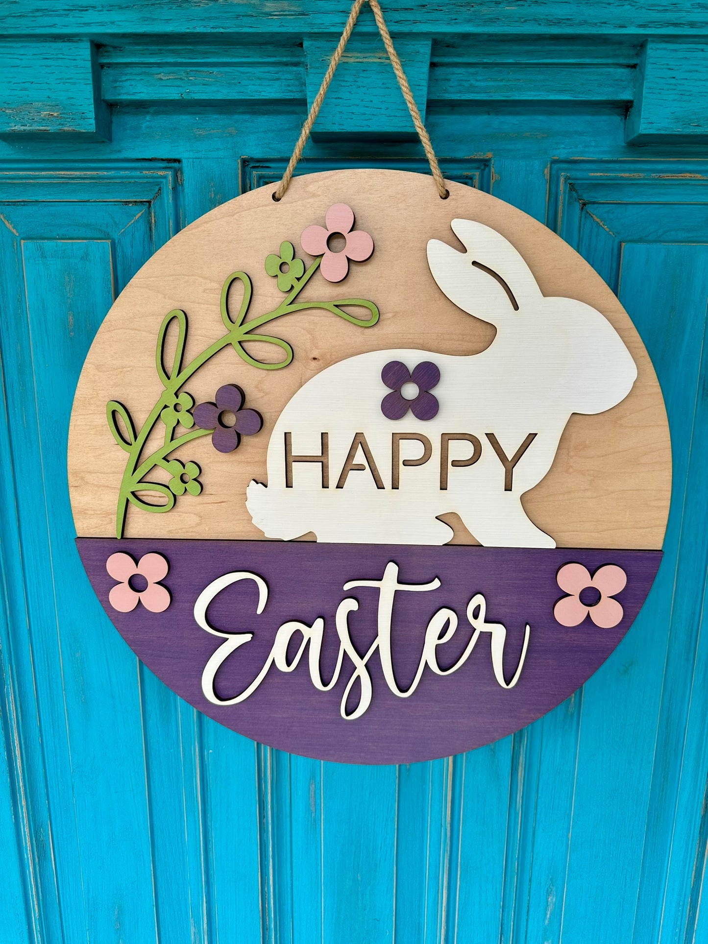 Happy Easter Door Hanger, Easter Bunny Wood Sign