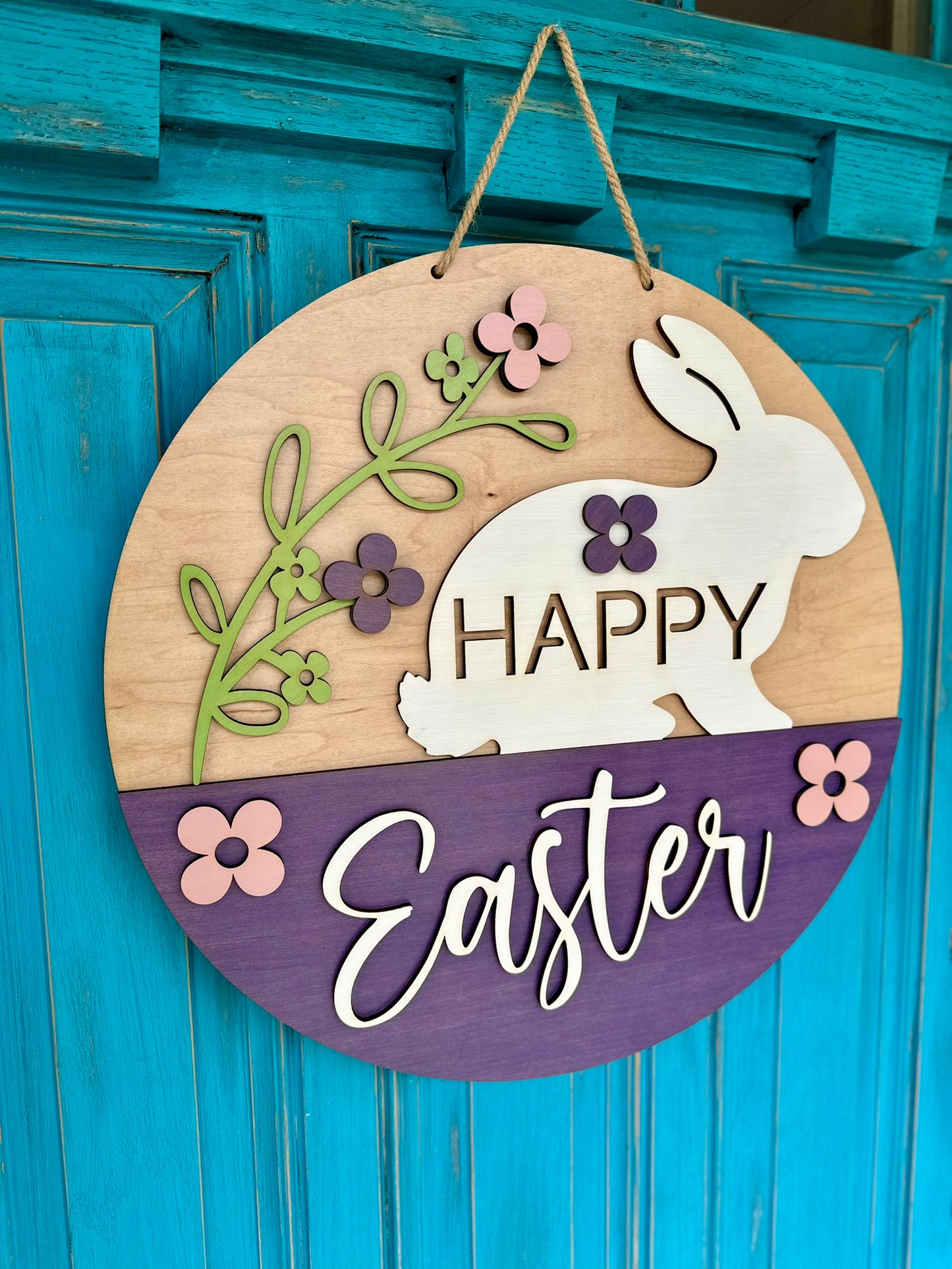 Happy Easter Door Hanger, Easter Bunny Wood Sign