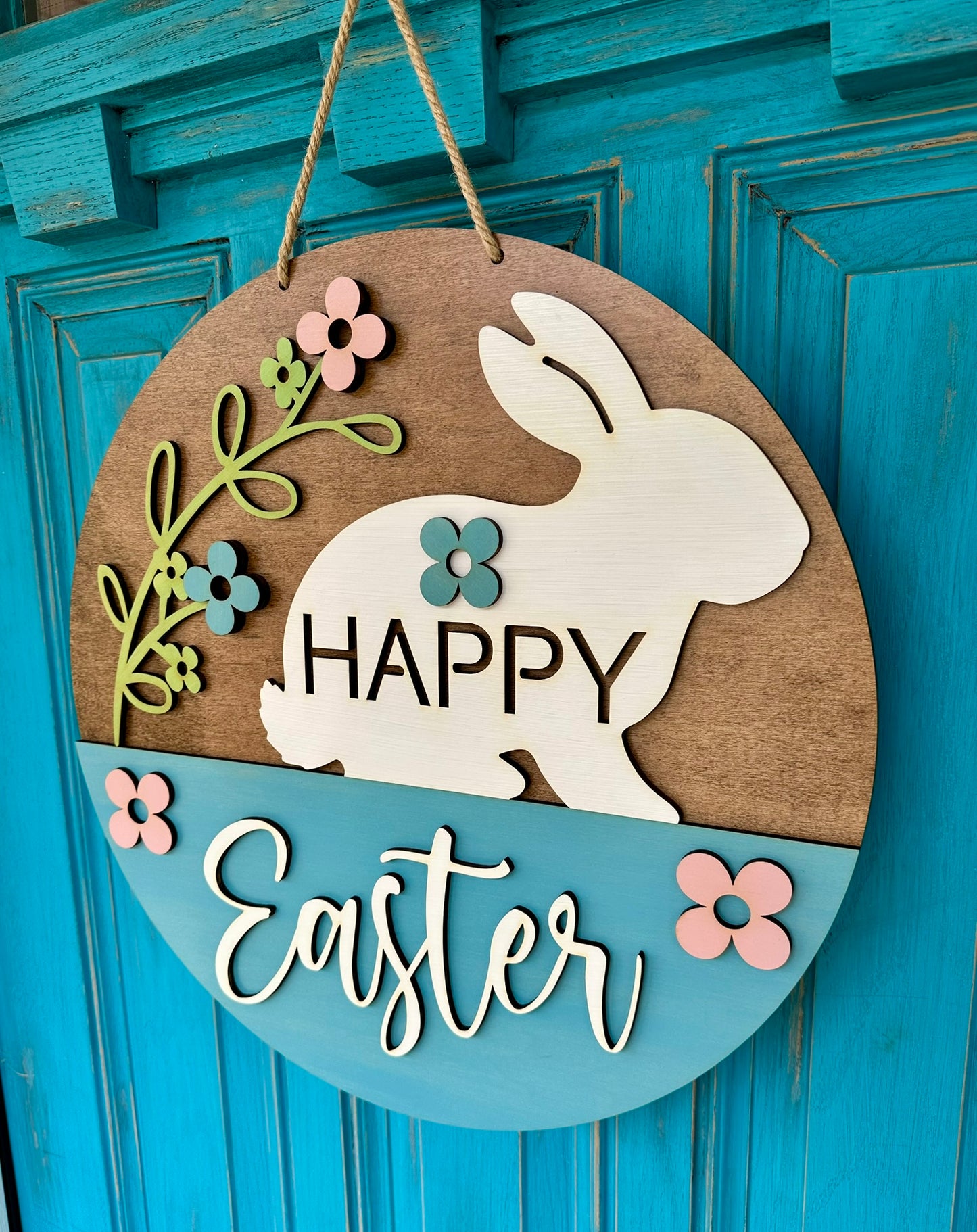 Happy Easter Door Hanger, Easter Bunny Wood Sign