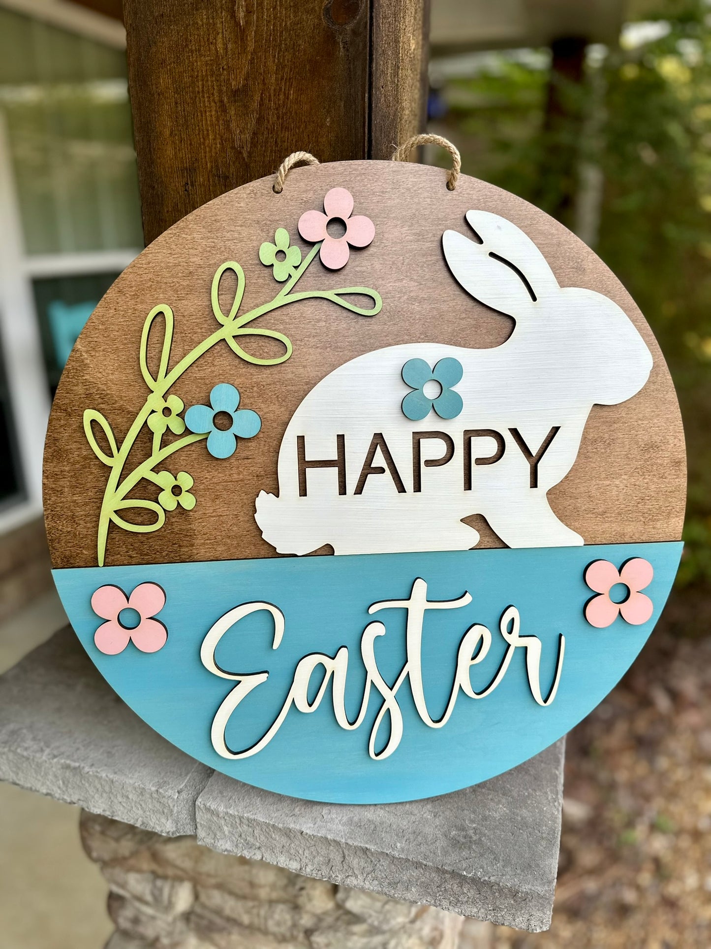 Happy Easter Door Hanger, Easter Bunny Wood Sign