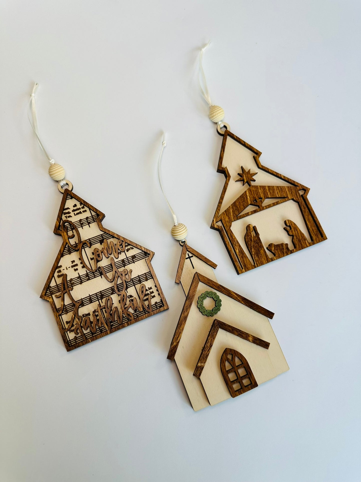 Church & Nativity Christmas Ornaments- Set of 3