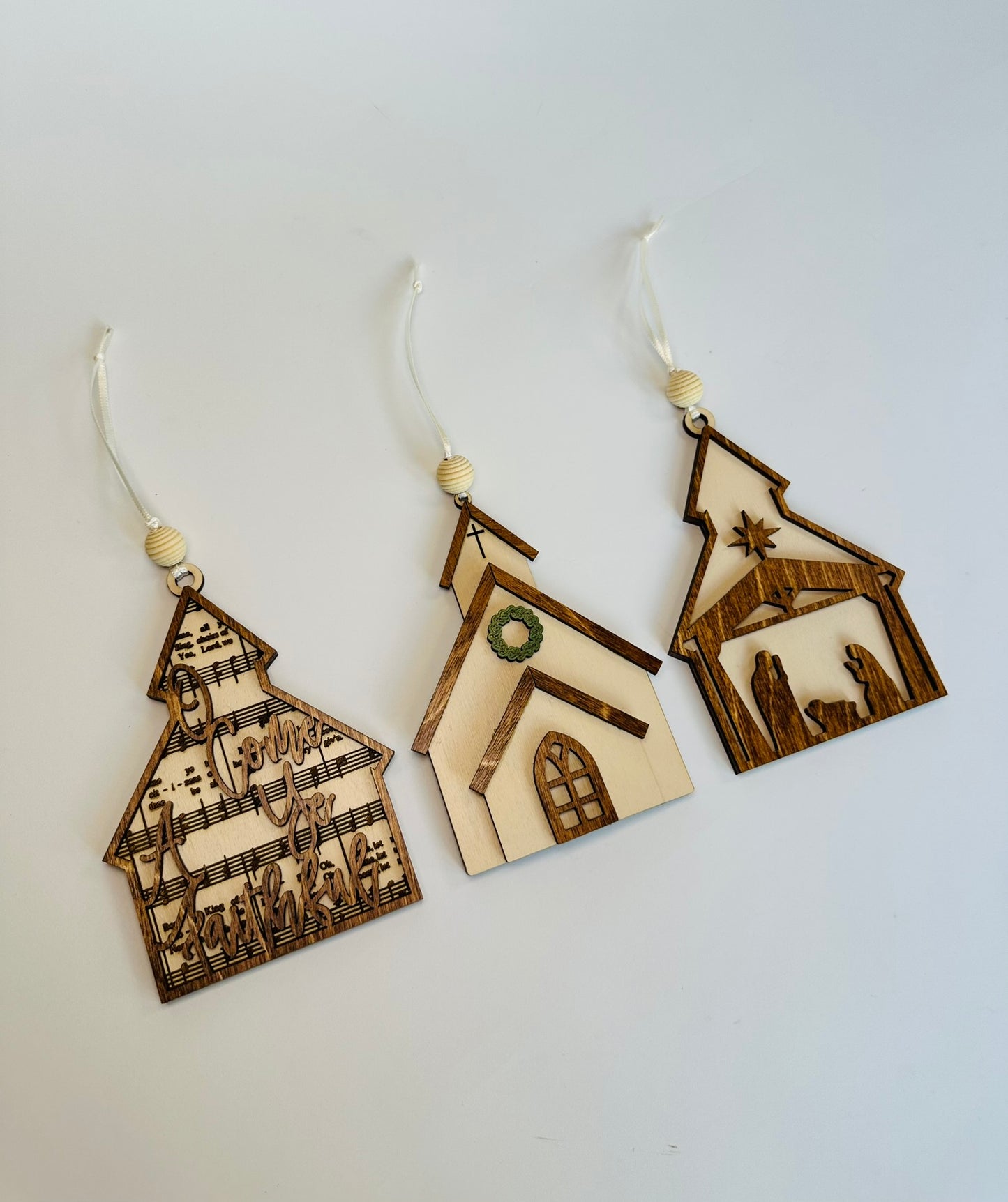 Church & Nativity Christmas Ornaments- Set of 3