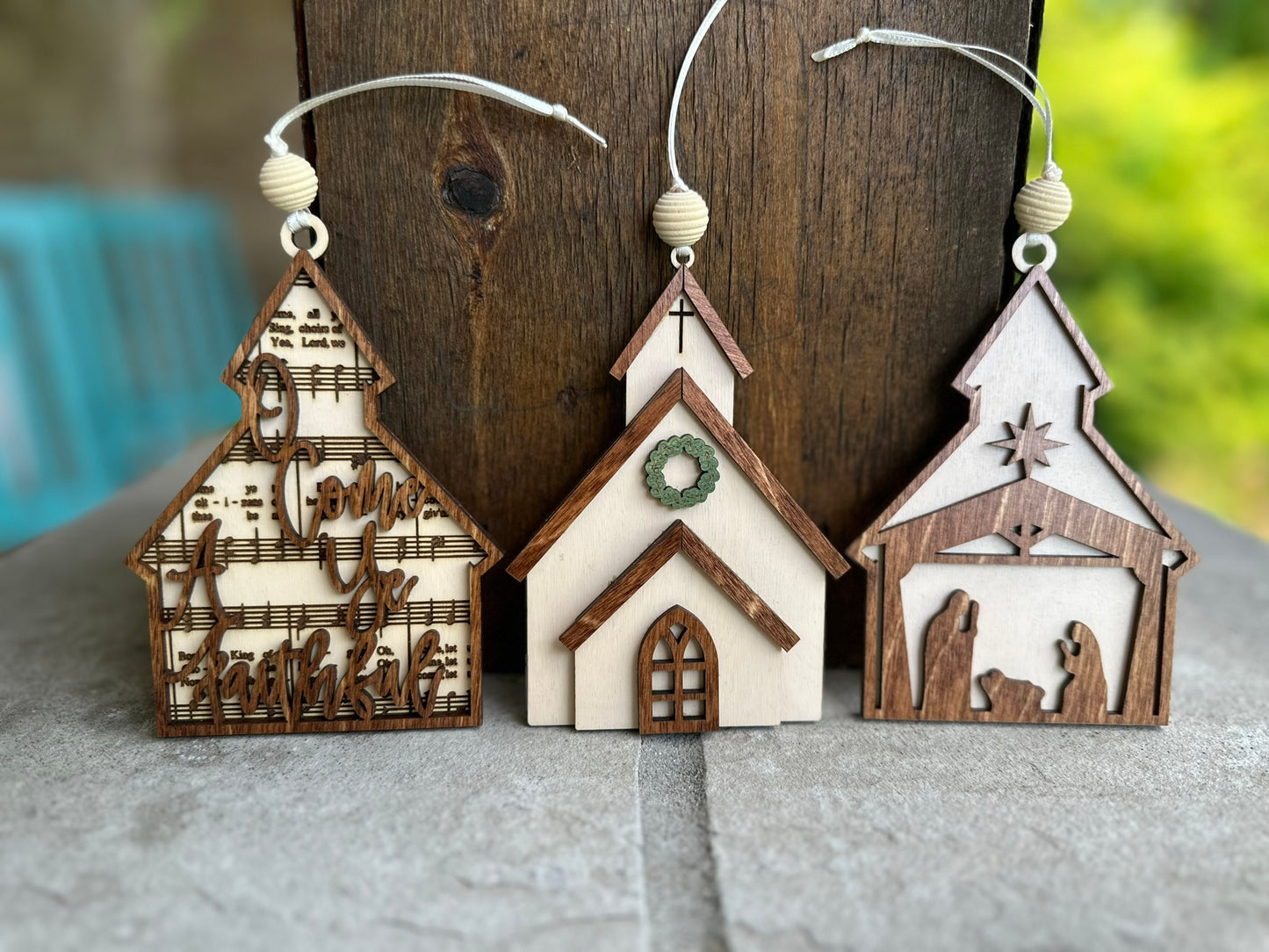 Church & Nativity Christmas Ornaments- Set of 3
