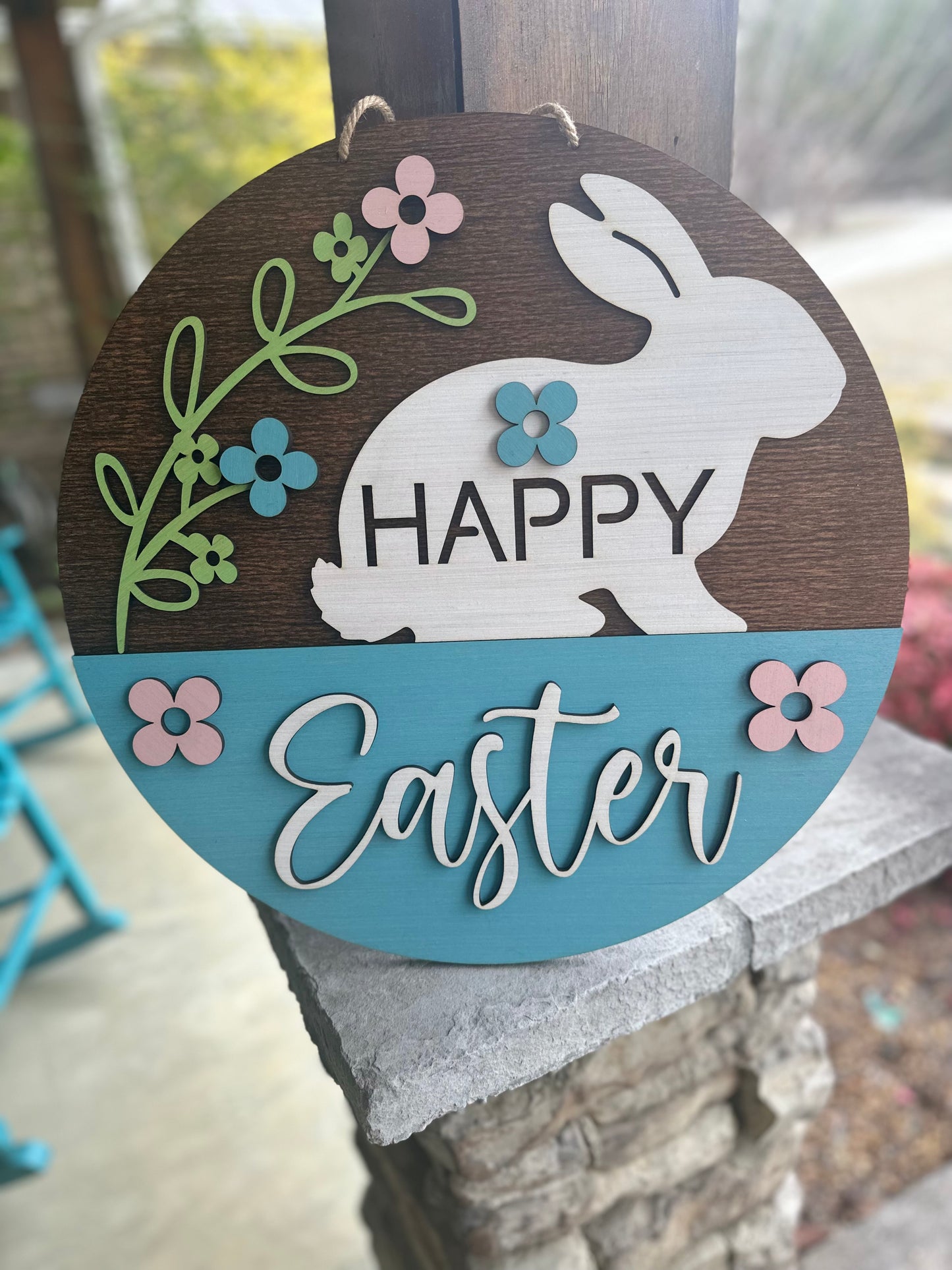 Happy Easter Door Hanger, Easter Bunny Wood Sign