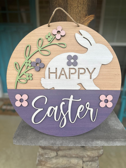 Happy Easter Door Hanger, Easter Bunny Wood Sign