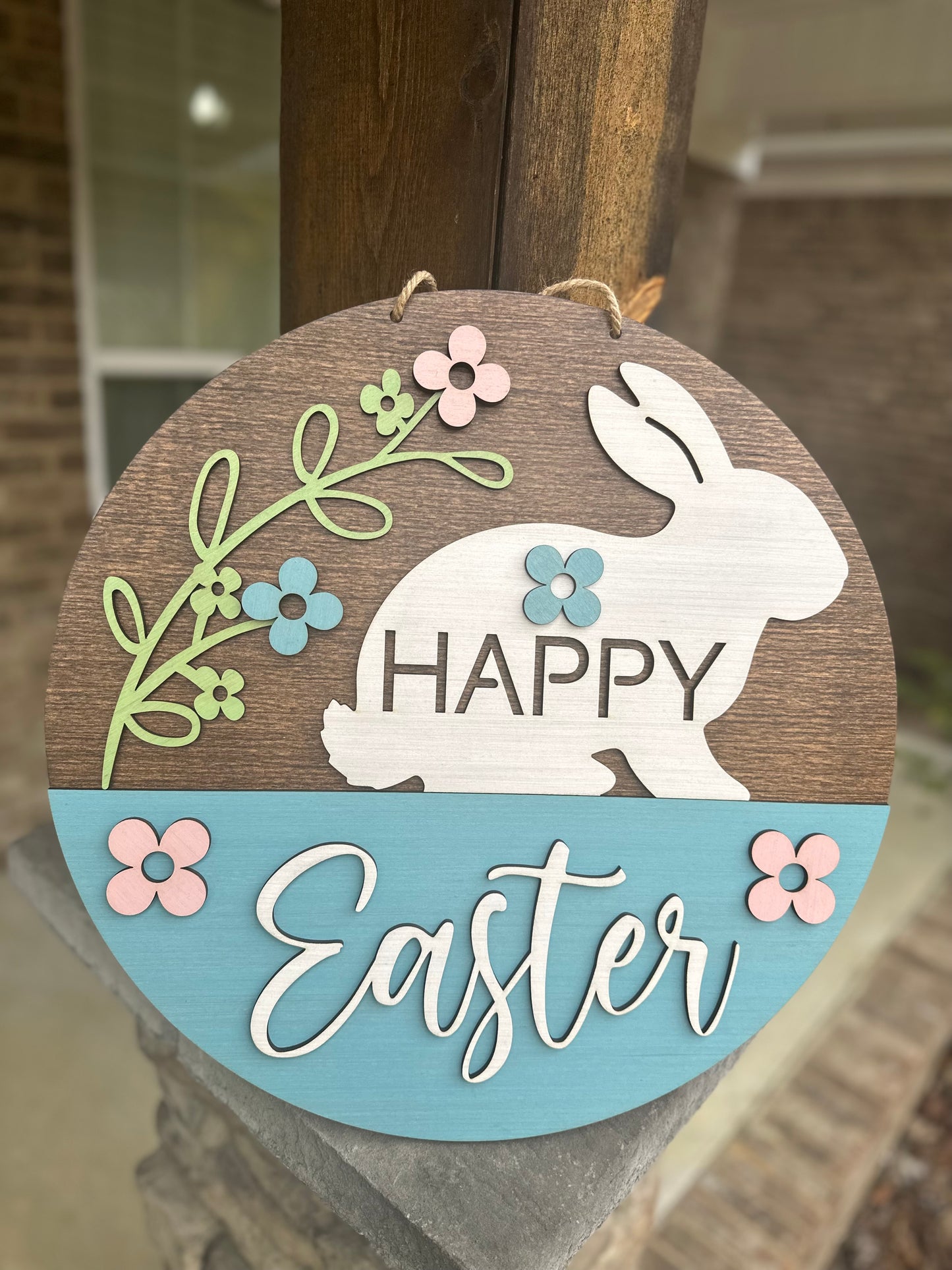 Happy Easter Door Hanger, Easter Bunny Wood Sign