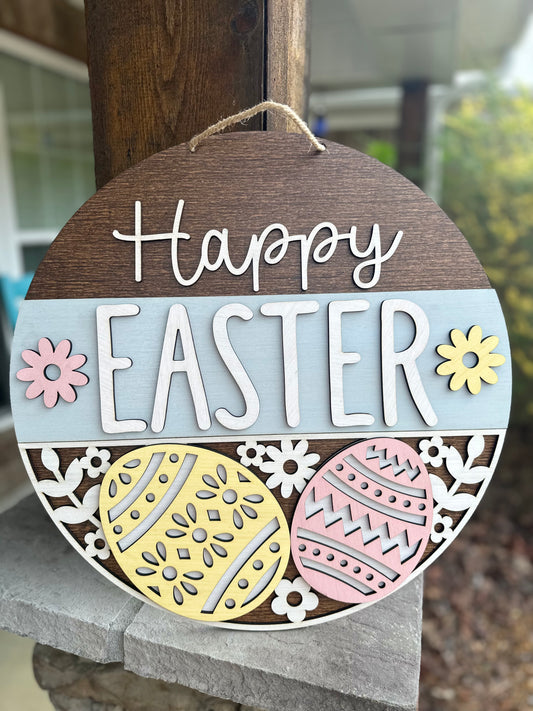 Happy Easter Door Hanger, Easter Egg Wood Sign