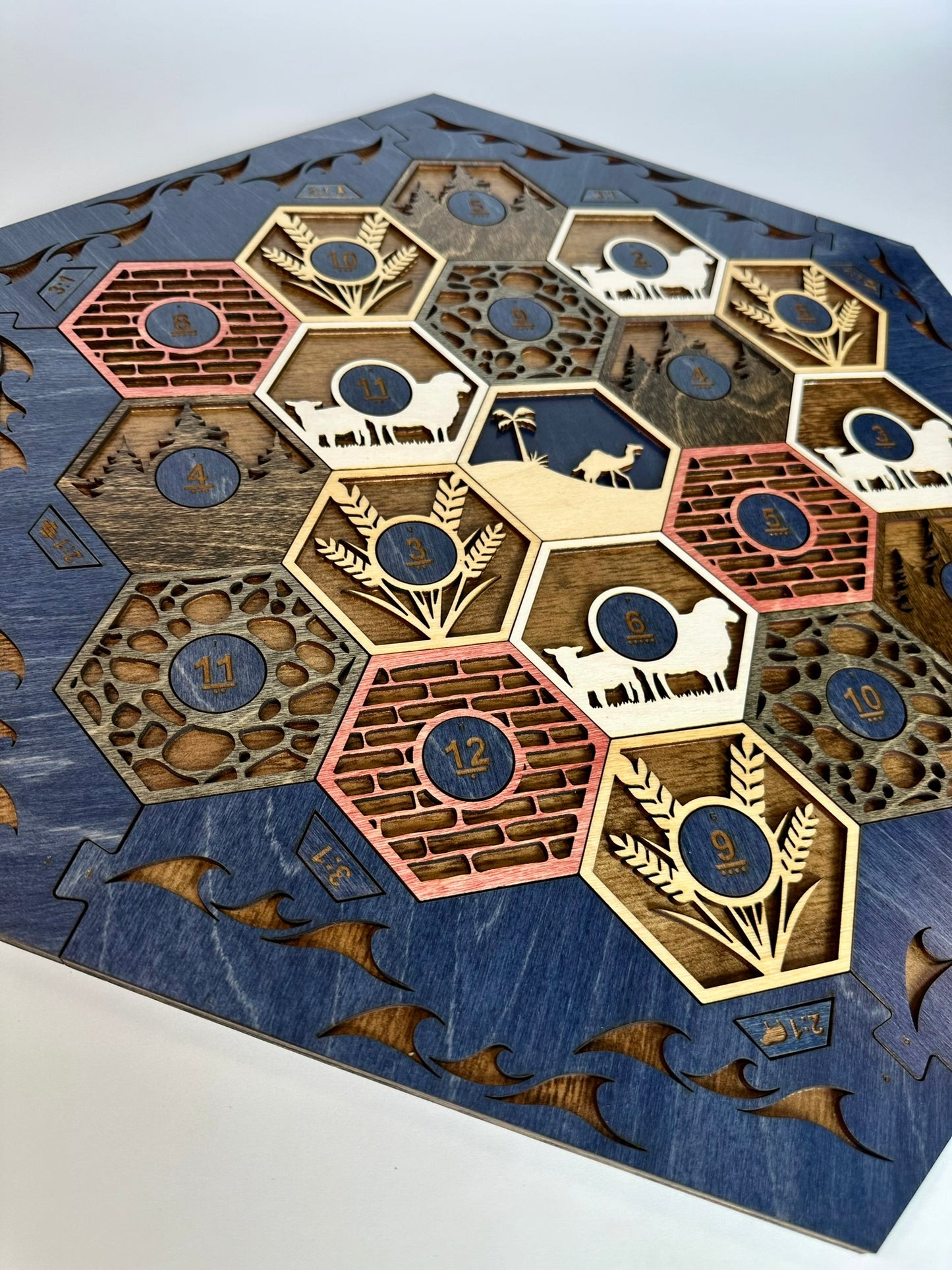 Wooden Game Board for Settlers Strategy Game, Brown and Blue, 3-4 or 5-6 Players