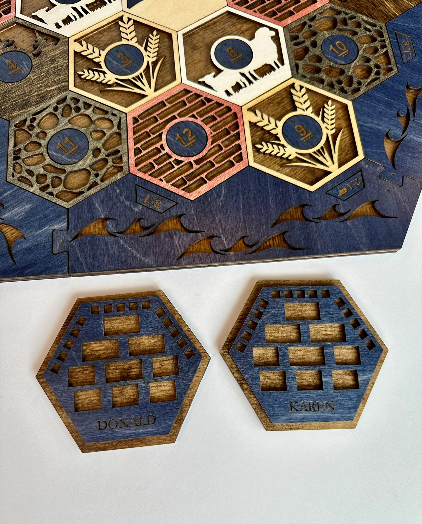 Wooden Game Board for Settlers Strategy Game, Brown and Blue, 3-4 or 5-6 Players