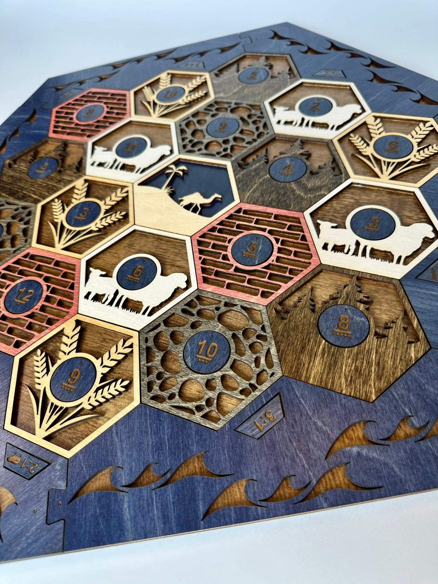 Wooden Game Board for Settlers Strategy Game, Brown and Blue, 3-4 or 5-6 Players