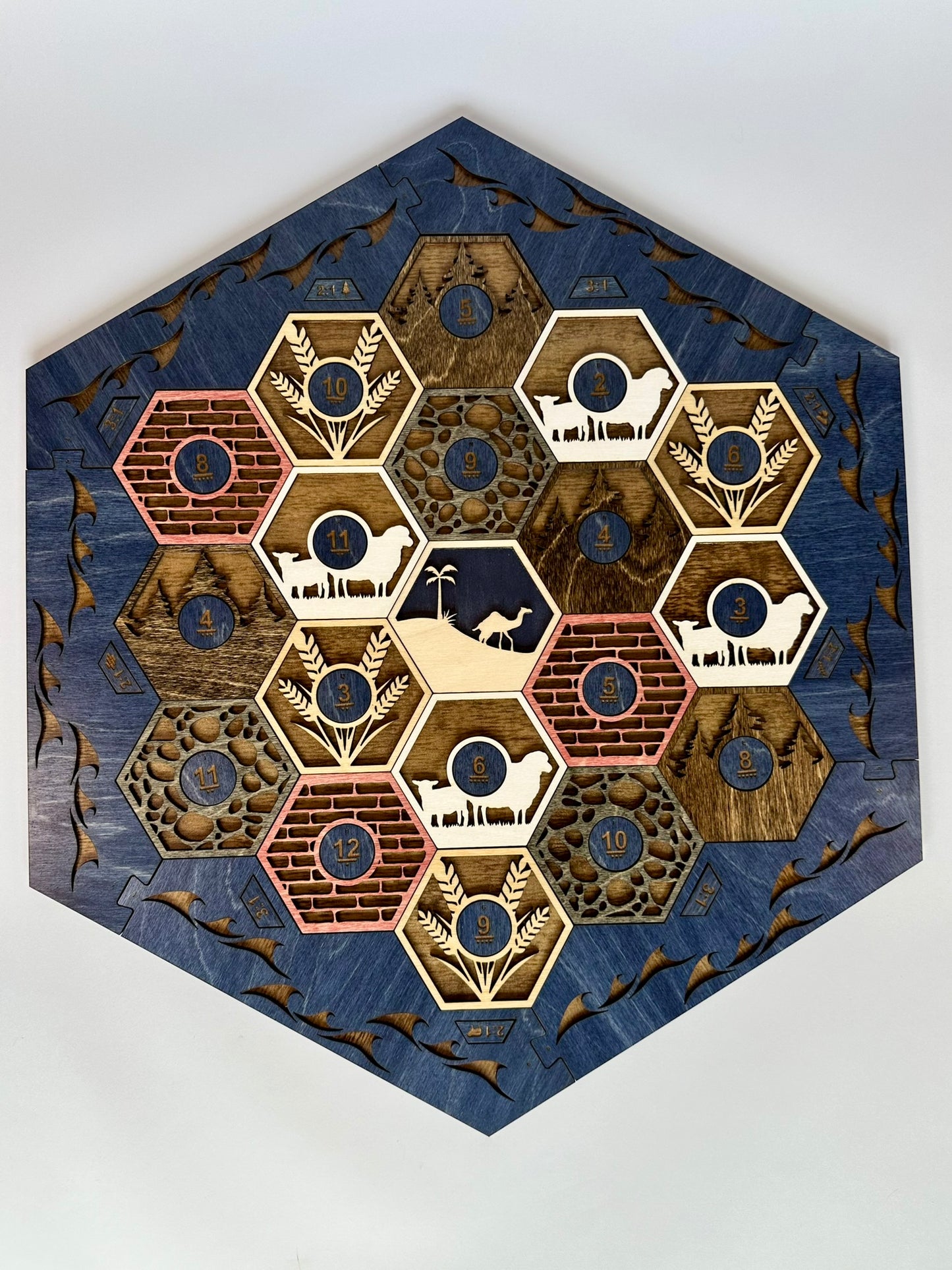 Wooden Game Board for Settlers Strategy Game, Brown and Blue, 3-4 or 5-6 Players