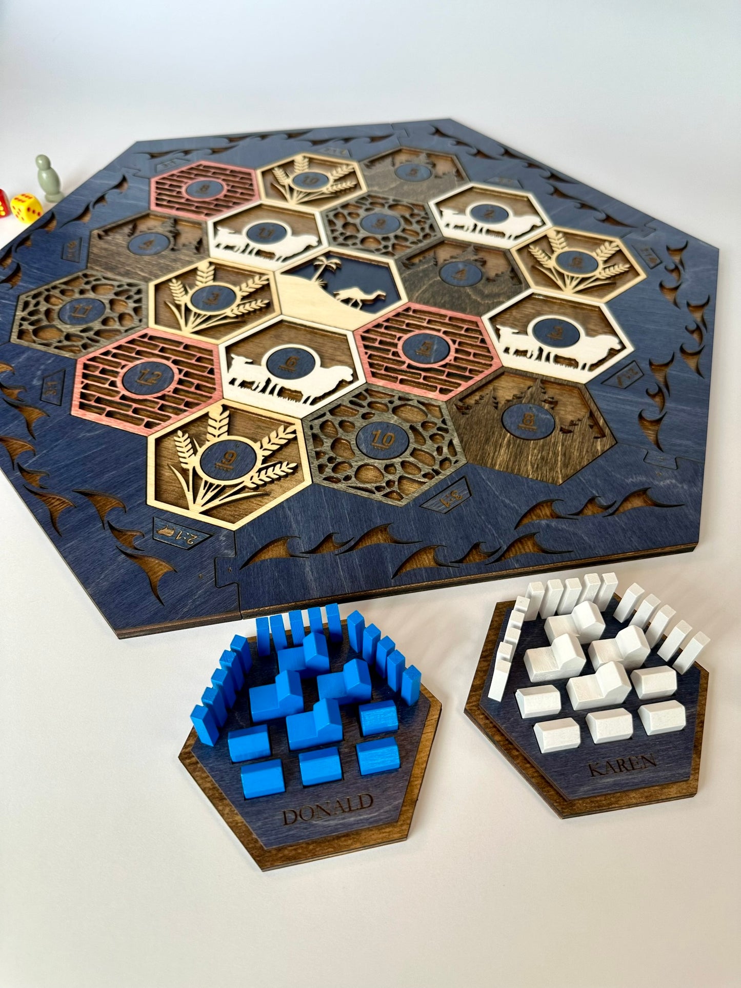 Wooden Game Board for Settlers Strategy Game, Brown and Blue, 3-4 or 5-6 Players