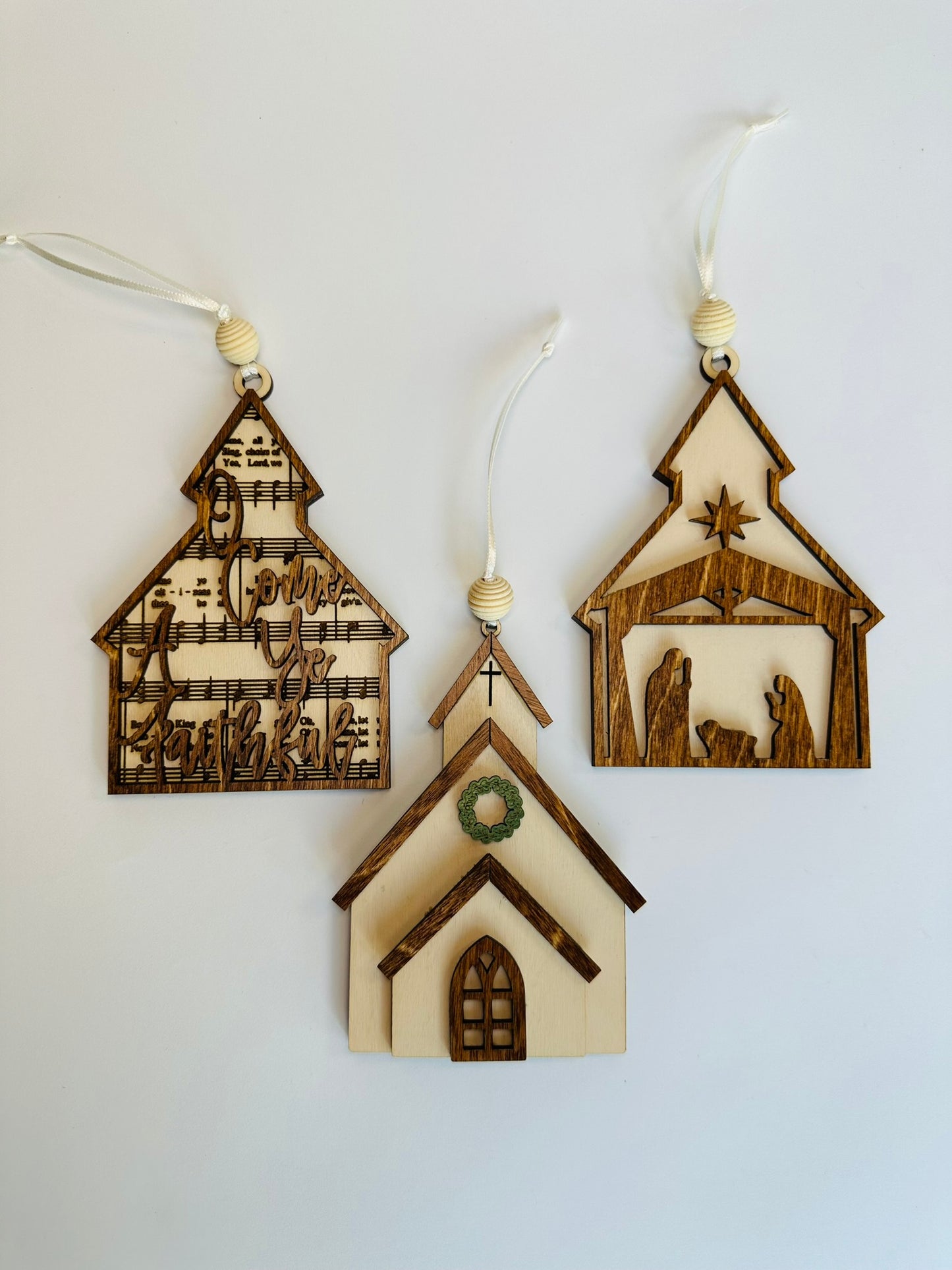 Church & Nativity Christmas Ornaments- Set of 3