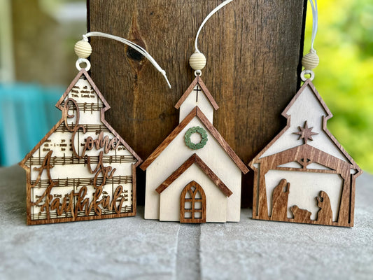 Church & Nativity Christmas Ornaments- Set of 3